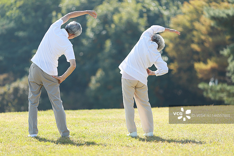 年长夫妇在公园里伸展运动图片素材