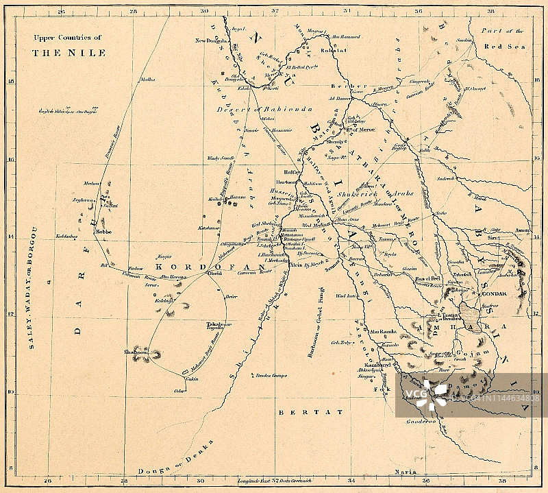 19世纪苏丹境内白尼罗河与青尼罗河交汇地图图片素材