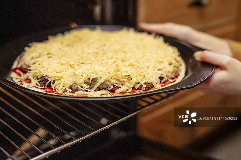 烤箱中烘烤的鸡肉披萨特写图片素材