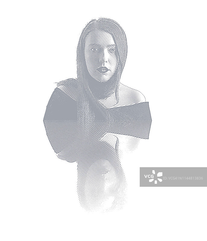 年轻女性的对称反射雕刻图片素材