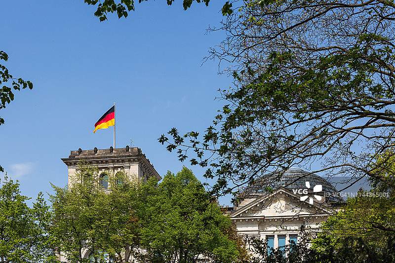 德国国会大厦穹顶，位于蒂尔加滕公园（柏林，德国）的树丛中图片素材