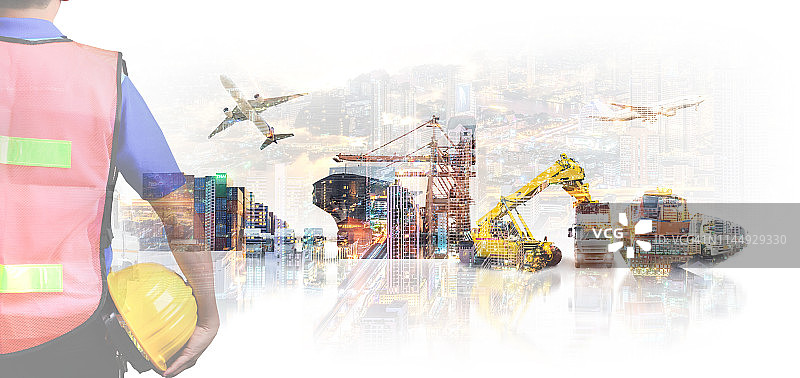 城市、集装箱货轮与货机的物流运输双重曝光图片素材