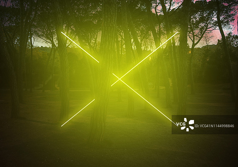 松树间黄色十字形霓虹灯，具未来感视觉效果。图片素材