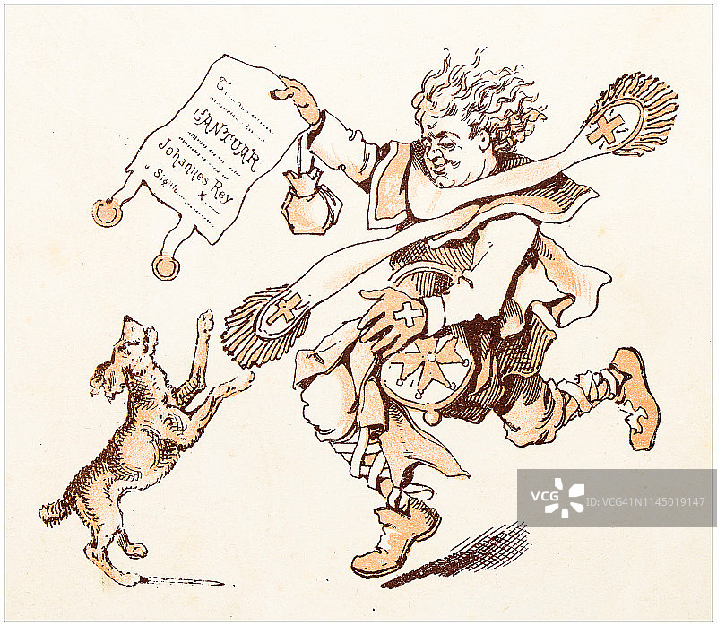 寓言绘本古董插画：国王与坎特伯雷修道院院长图片素材