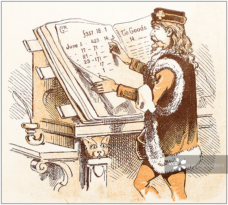 来自寓言图画书的古董插画：迪克·惠廷顿和他的猫图片素材