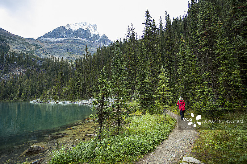 优鹤国家公园欧萨湖和奥哈拉湖的女徒步者图片素材