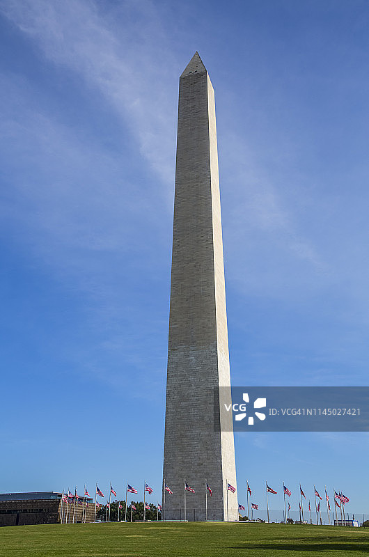 华盛顿纪念碑与下方飘扬的美国国旗图片素材