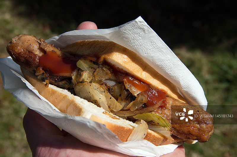 公园里男人手中拿着纸巾的香肠三明治，配有炸洋葱和番茄酱图片素材