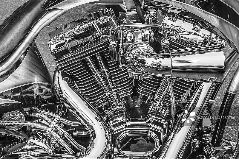 美国新英格兰马萨诸塞州埃塞克斯的摩托车引擎细节图片素材