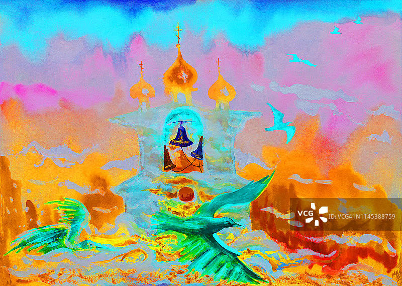 时尚的插画现代艺术寓言我的原始绘画与水彩画在纸上印象派幻想超现实主义寺庙飞翔的海鸥从粉红色的云和太阳金色的光线图片素材