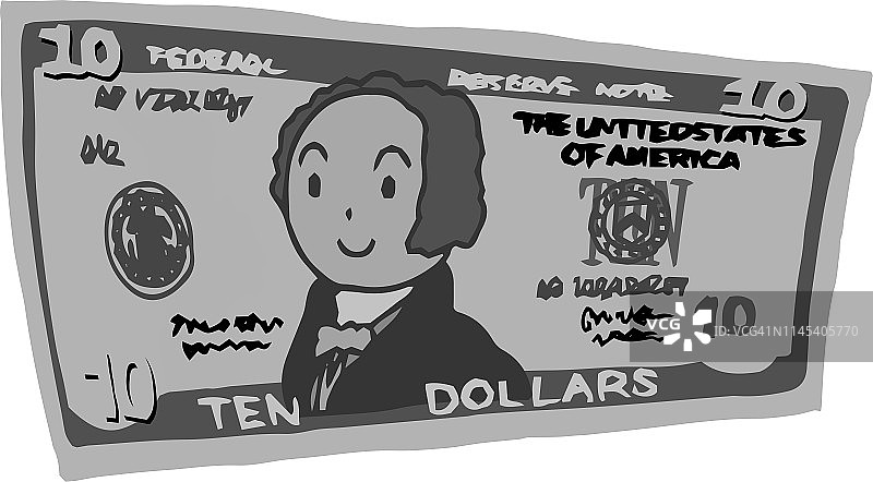 单色手绘卡通10美元纸币图片素材