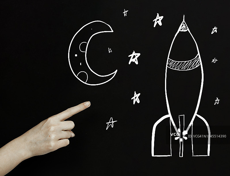 手指指向太空火箭图片素材