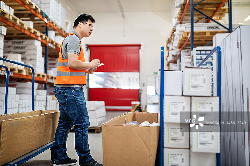 工人在仓库中清点库存图片素材