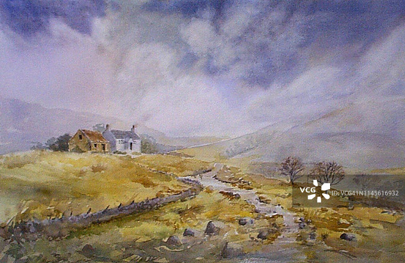 荒野上的水彩雨景图片素材