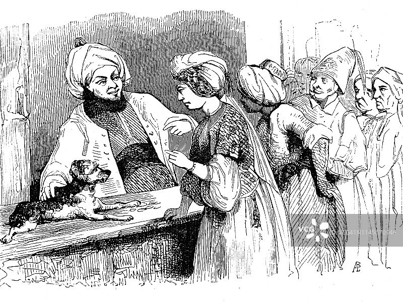 男人和他的狗在市场摊位图片素材