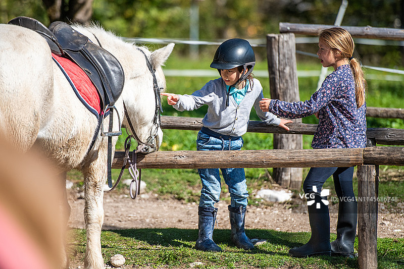 两个孩子和一匹马图片素材