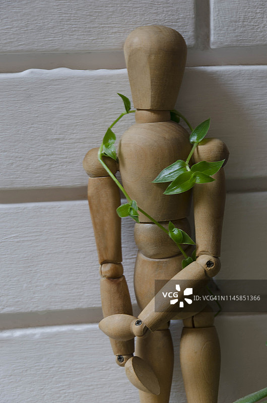 戴叶子围巾的木制人体模型站立白色背景图片素材