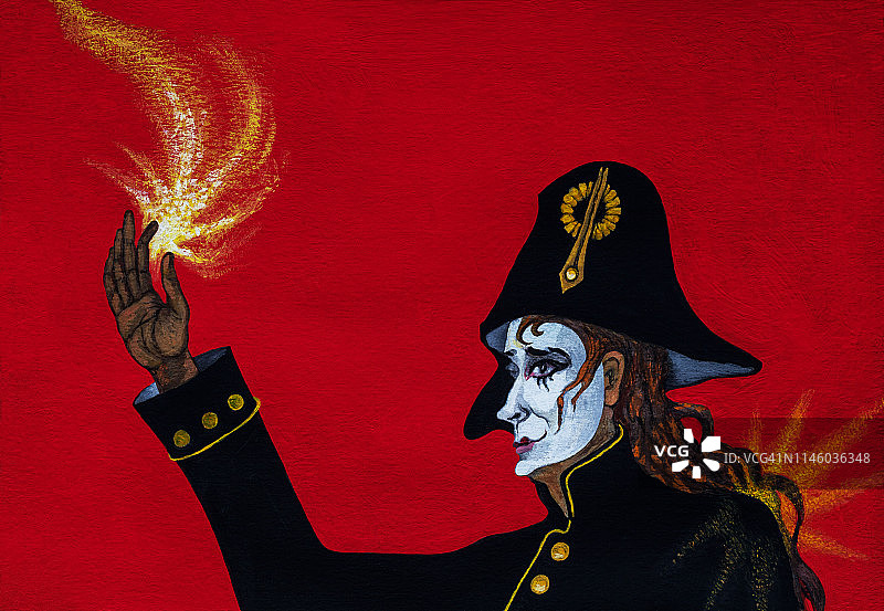 时尚插画艺术作品：以嘉年华为主题的原创油画，印象派风格横幅作品，描绘了一位长发男性演员，他化着妆，戴着戏剧嘉年华白色丑角面具，身穿黑色舞台服装图片素材