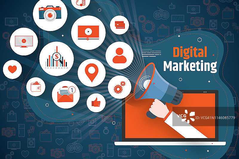 基于2.5D设计的带笔记本电脑的扩音器广告概念图片素材