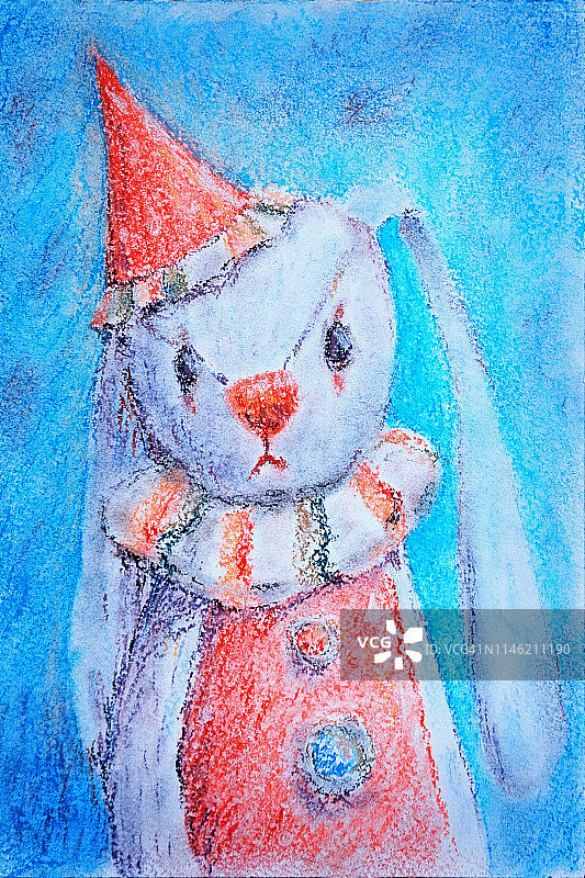 悲伤的小丑兔子手绘粉彩插画图片素材
