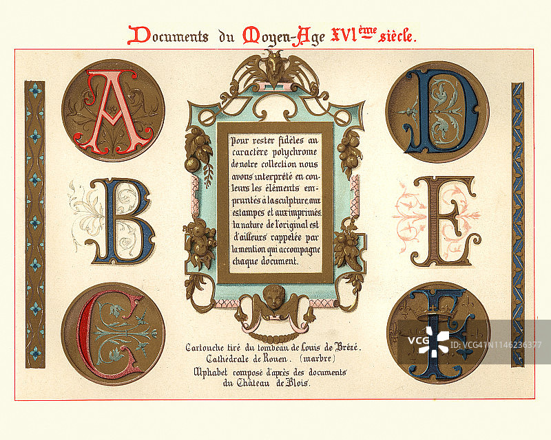 中世纪泥金装饰手抄本字母和设计元素，15世纪图片素材