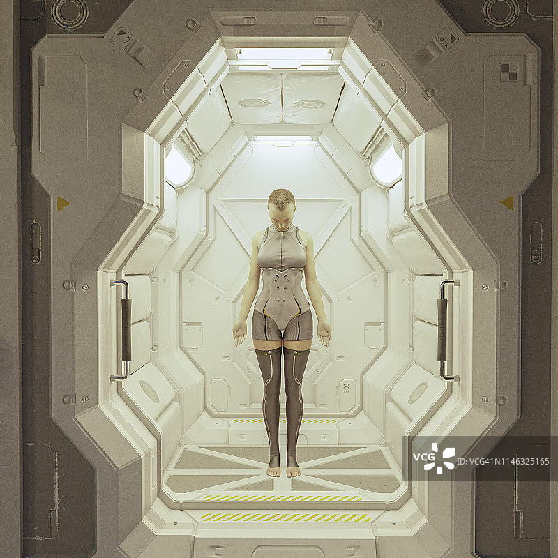 站在宇宙飞船门口的女人图片素材