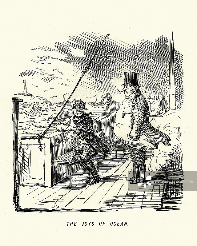 维多利亚时期漫画：海上旅行的乐趣，乘客晕船图片素材