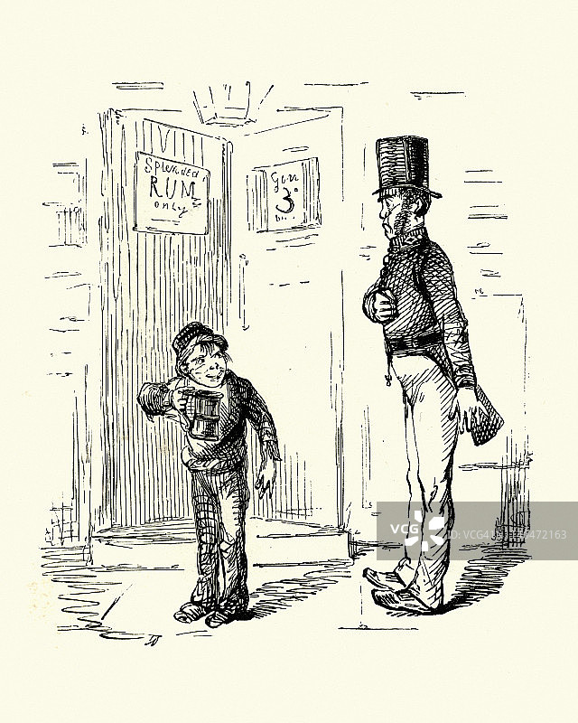 维多利亚时期漫画：警察抓住一个喝啤酒的男孩，19世纪图片素材