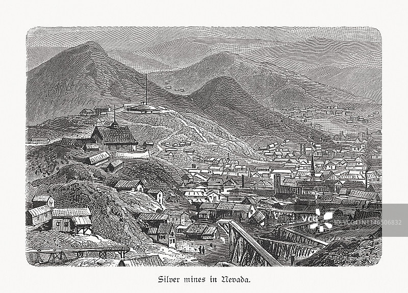 美国内华达州的银矿（1897年木刻版画）图片素材