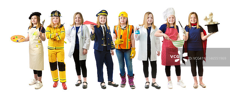 女孩力量：白色背景上的性别平等、未来职业选择与愿望图片素材