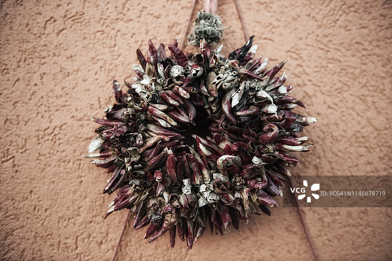 新墨西哥日晒褪色环形辣椒串和土坯房图片素材