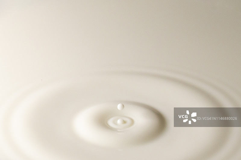 鲜牛奶滴入奶池，白色背景，带有圆形波纹图片素材