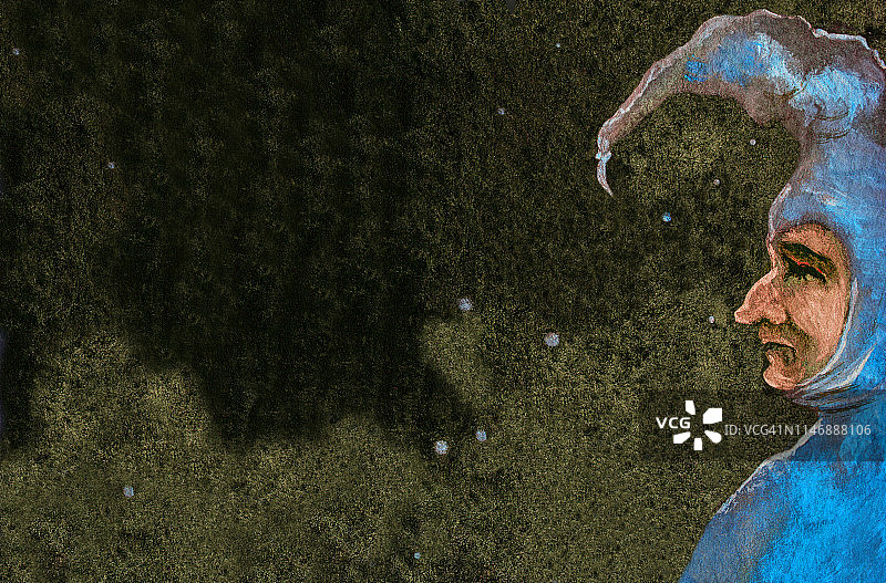 时尚的插图寓言现代艺术作品我的原画水彩画在纸上水平的肖像侧面的人的人物在丑角紧身衣和一顶亮蓝色的帽子的戏剧服装图片素材