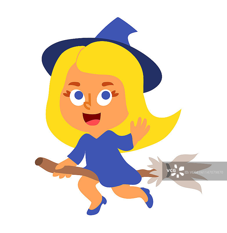 穿着蓝色连衣裙、戴着帽子的可爱女巫骑着扫帚飞向安息日并挥手，卡通人物隔离在白色背景上。万圣节派对女孩服装。瓦尔普吉斯之夜的魔法女性角色。图片素材