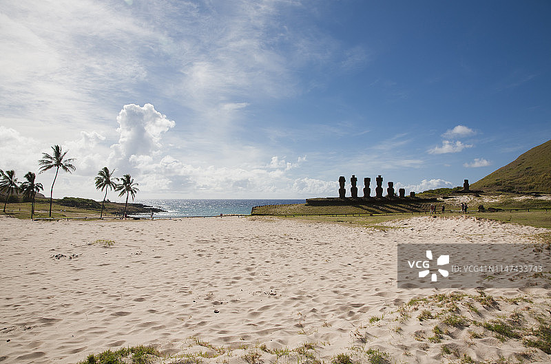 拉帕努伊/复活节岛阿纳凯纳海滩上的阿胡瑙瑙（智利）图片素材