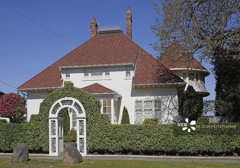 带有烟囱和屋顶装饰的灰泥房屋外观图片素材