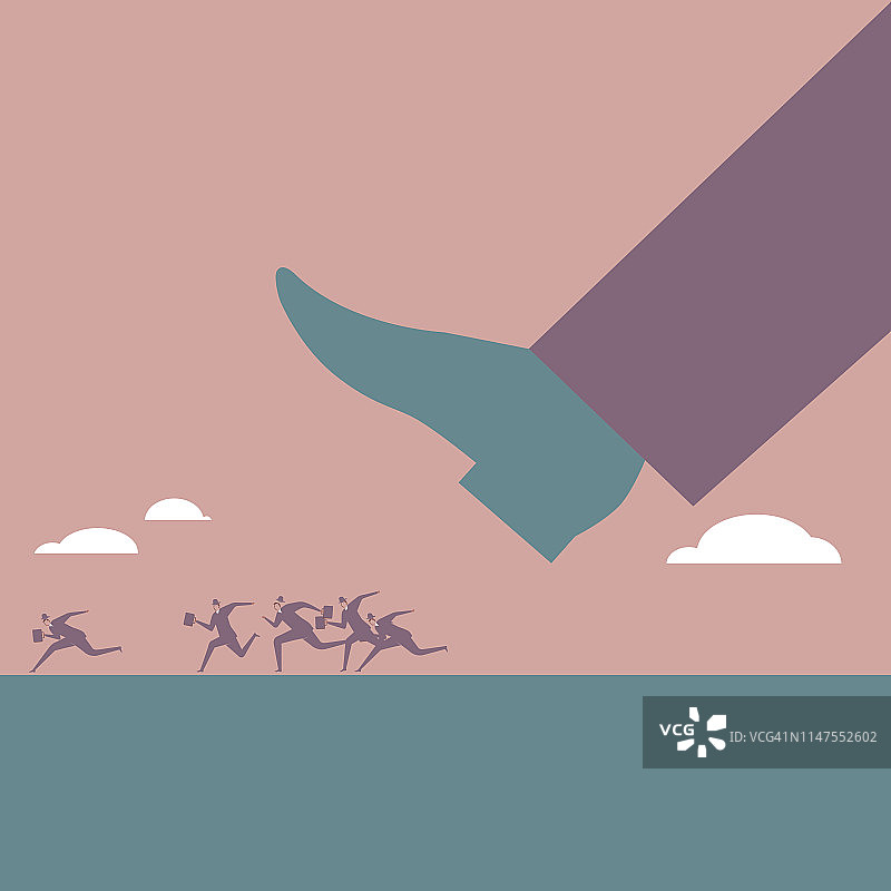 在巨脚下逃离的一群商人图片素材