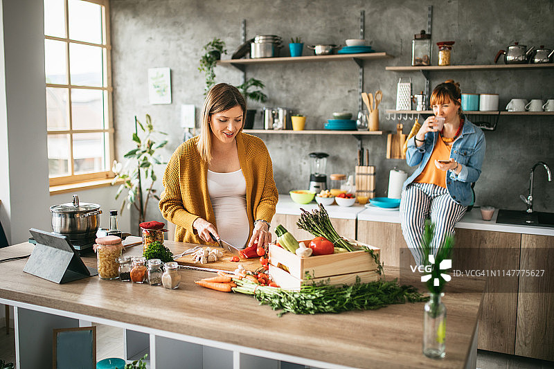 孕妇在厨房和朋友共度时光图片素材