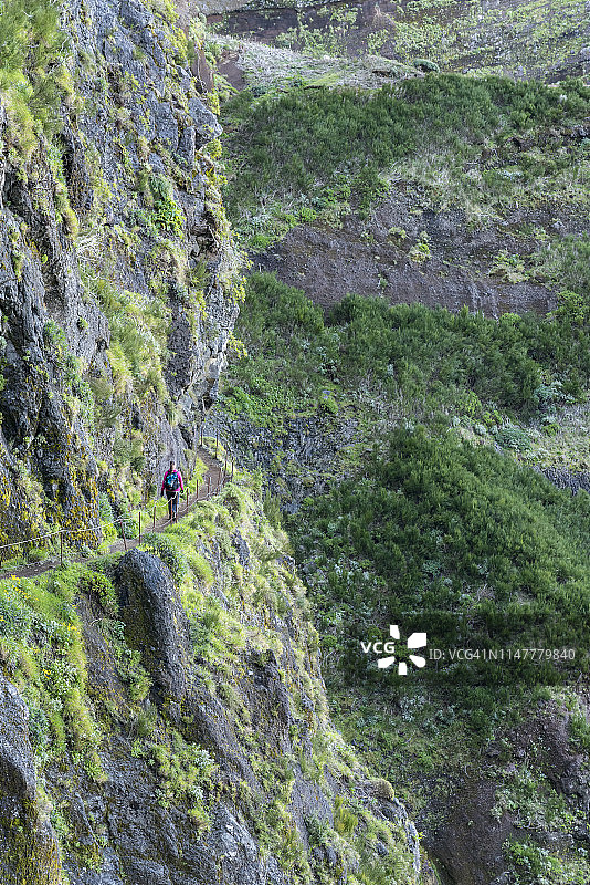 在葡萄牙马德拉群岛桑塔纳市，女人走在从卢伊沃峰到阿里埃鲁峰的小路上图片素材