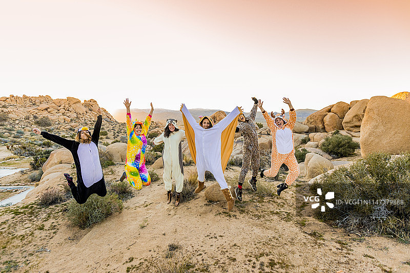 一群朋友在约书亚树国家公园穿着动物连体衣庆祝新年图片素材