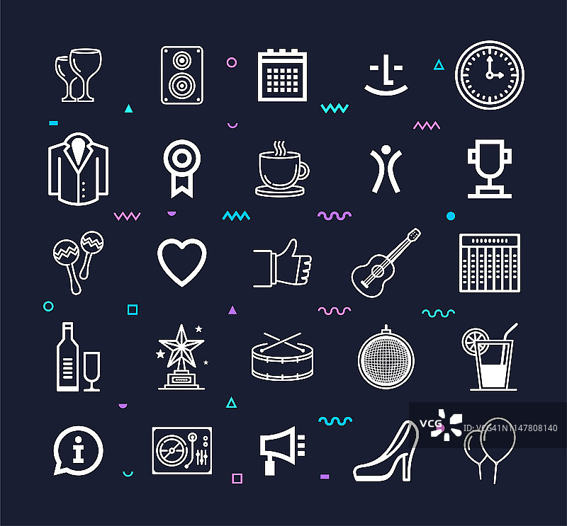 夜游派对线性风格矢量图标集图片素材