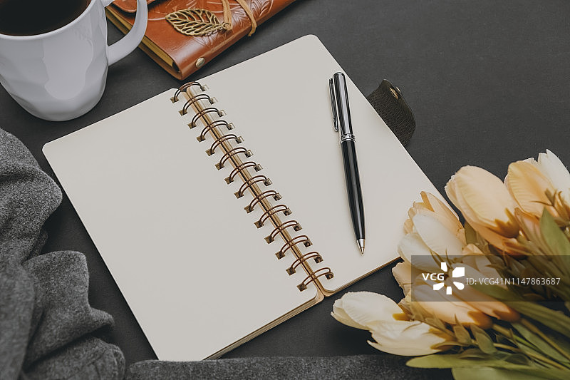 工作桌上的打开的笔记本和笔图片素材