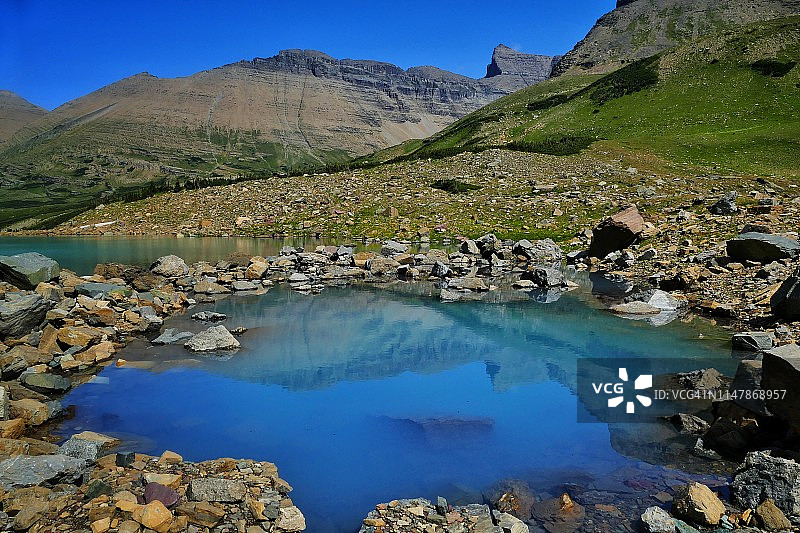 锡耶山倒影在冰川湖中，美国蒙大拿州冰川国家公园图片素材