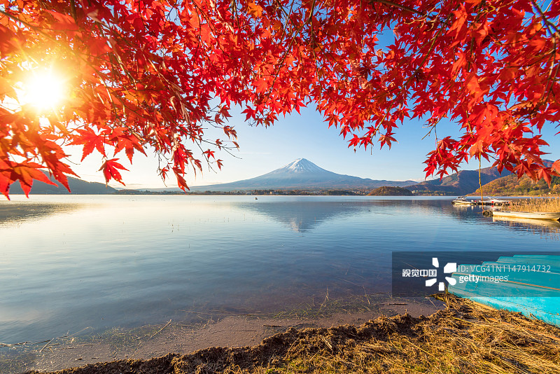 川口町湖的秋色和富士山的晨雾和红叶是日本最好的地方之一图片素材