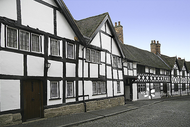 英国沃里克半木结构都铎式房屋图片素材