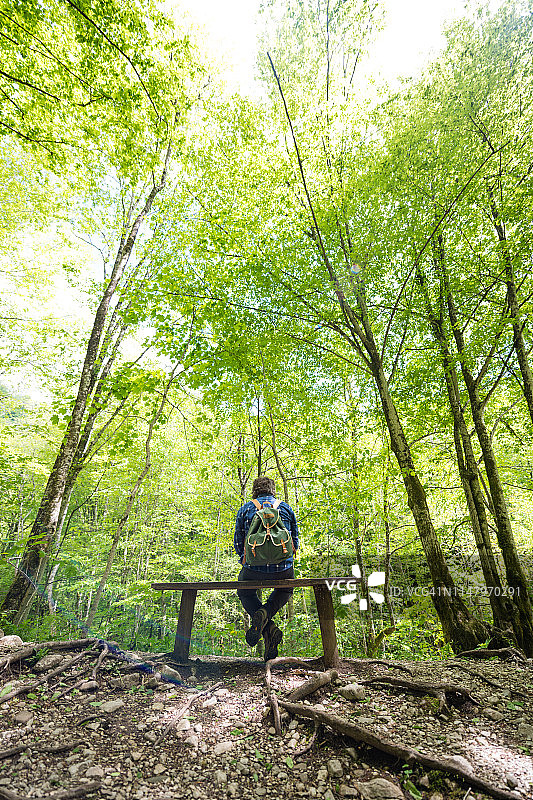 背包男士坐在斯洛文尼亚朱利安阿尔卑斯山森林的长椅上图片素材