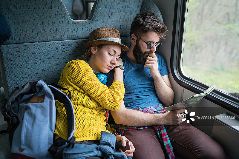 年轻夫妇乘火车旅行图片素材