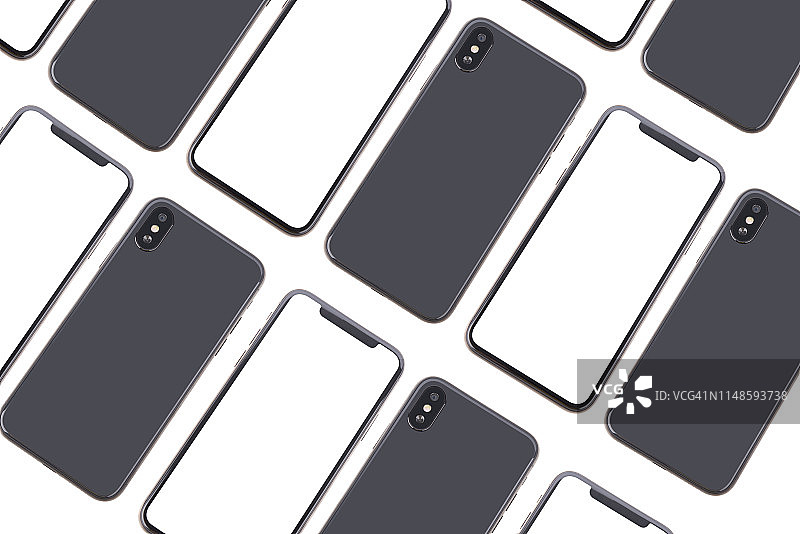 白色背景上，彼此靠近的黑色和粉色智能手机半转图片素材