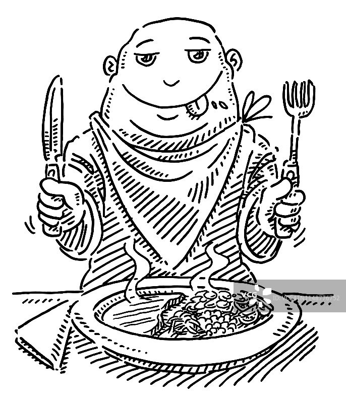 餐桌旁饥饿的卡通人物绘画图片素材
