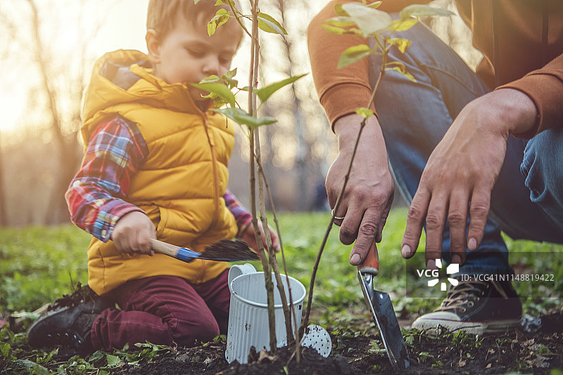 儿童与父亲在植树节种植树木图片素材
